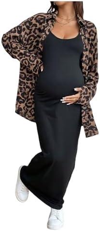 MakeMeChic Women's Maternity 2 Piece Summer Outfit Cheetah Print Button Down Shirt and Tank Maxi Dress Set XL