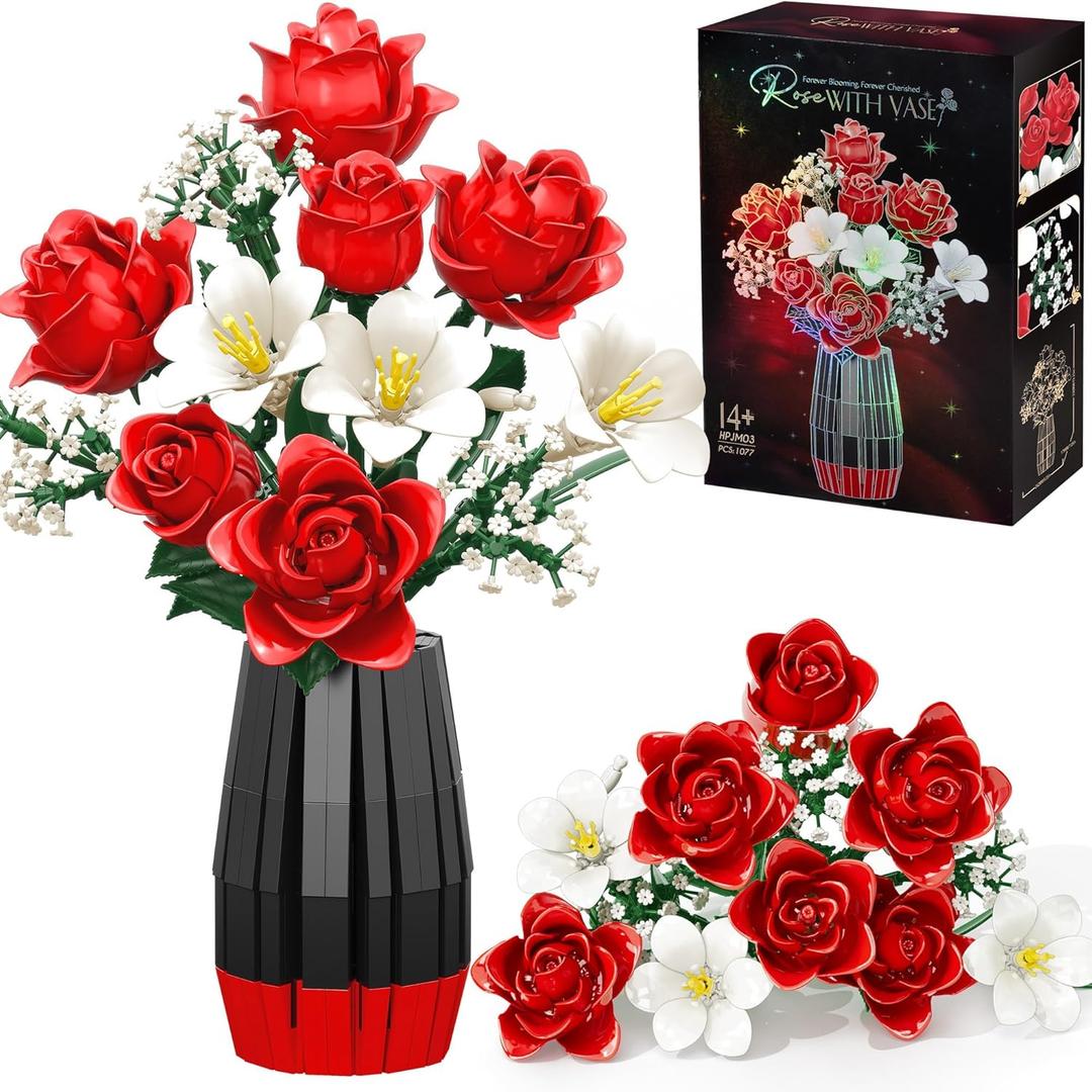 Roses Flower Bouquet Building Set with Vase, Mom Gifts for Mothers Day, 1077PCS Artificial Botanical Collection Teacher Nurse Appreciation Birthday Gifts for Wife Grandma Women Her Him Teen Girl Adult