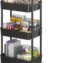 Sywhitta 3-Tier Plastic Rolling Utility Cart with Handle, Multi-Functional Storage Trolley for Office, Living Room, Kitchen, Movable Storage Organizer with Wheels, Black