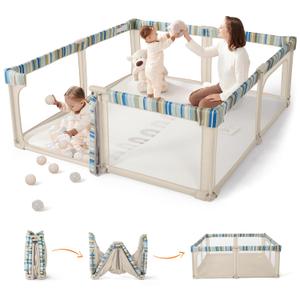 Sweeby Baby Playpen, 79x71 Inch Baby Gate Playpens for Babies and Toddlers, Extra Large Playpen with Door Play Yard for Fence Indoor and Outdoor Play Pen, Khaki Stripe