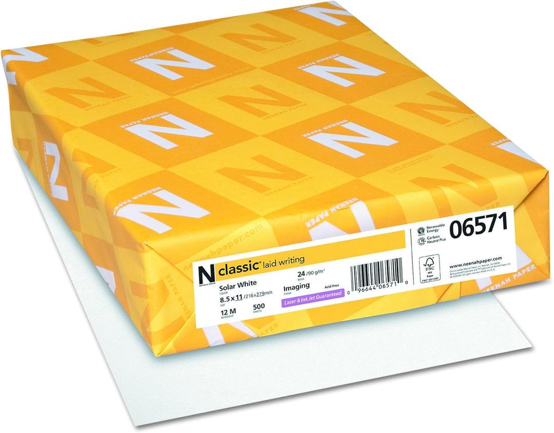Neenah Paper Classic Laid Stationery, 97 Bright, 24 lb Bond Weight, 8.5 x 11, Solar White, 500/Ream