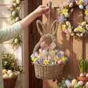 Reallnaive 16 x 9.4 x 3.9 Inch Easter Bunny Basket Hand Woven Wicker Rabbit Wreath Basket Hanging Wall Pocket Spring Wreath Decor with White Floral for Front Door Hanging Decoration