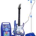 deAO Musical Guitar Play Set,Adjustable Height Microphone,Amplifier Set with Stand,Music Light Karaoke Music Toys Birthday for Kids Boys Girls (Blue)