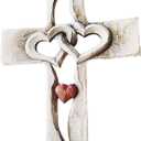 Carved Wooden Cross - Intertwined Hearts, Wall Hanging Hand Carved Wood Cross for Living Room Study Bedroom Office Decor (Red Heart Cross)(Red Heart Cross)