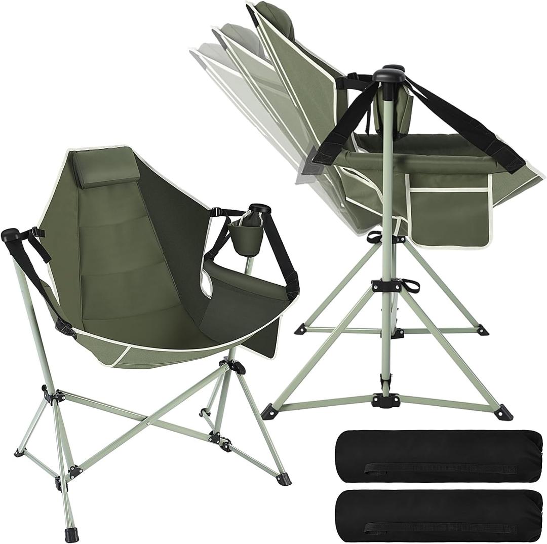 Reallnaive 2 Pcs Hammock Camping Chair with Adjustable Backrest, Heavy Duty Folding Swinging Chair Supports 300lbs, Portable for Camping, Travelling and Patio Green, 37.8x26.8x44.1-47.2 inches