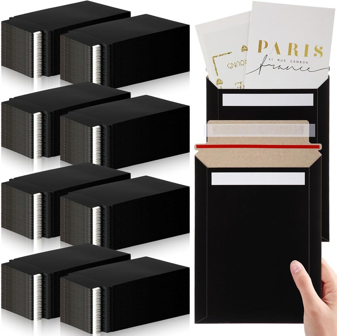 Fainne 200 Pack 6x8 Inches Photo Documents Mailer Lightweight Self Adhesive Cardboard Envelope Rigid Mailers 250gsm Shipping Envelopes for Picture Documents, Cd(Black)
