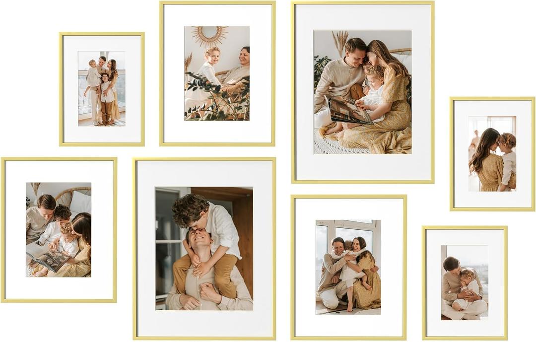 eletecpro Aluminum Gallery Wall Frame Set of 8 with Glass Cover, Gold
Including 2Pcs 11x14, 3Pcs 8x10, 3Pcs 6x8 Photo Frames, Multiple Sizes Picture Frames Collage Wall Decor or Tabletop Display