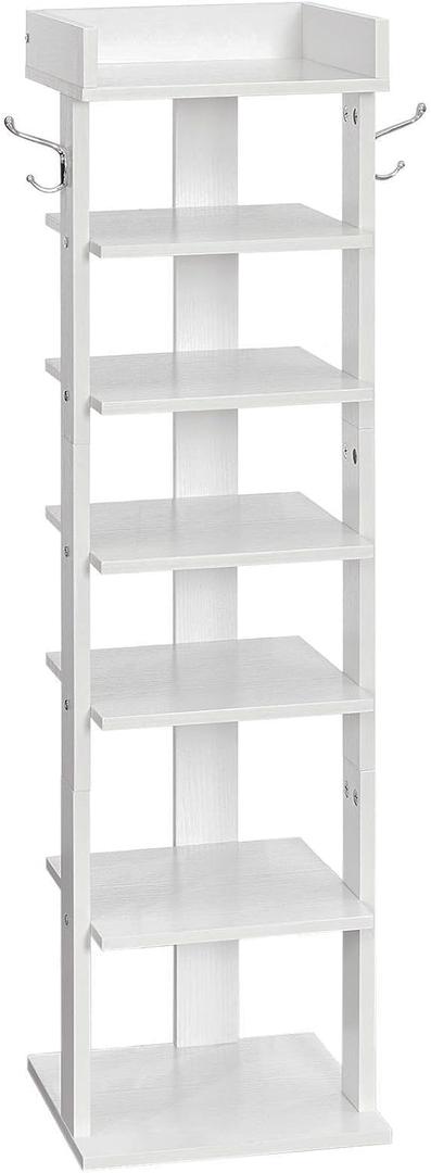 HOOBRO Vertical Shoe Rack for Front Door Entryway, 7 Tier Wooden Shoe Storage Organizer with Hooks, Narrow Shoe Tower for 7 Pairs, Space Saving, for Corner, Closet, Bedroom, White WT61XJ01, White 