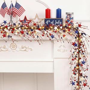 Wavwavw 59 Inches 4th of July Patriotic Garland Lighted Red White Blue Memorial Day Garland Artificial Star and Berry Lights Battery Operated 250th Anniversary Decor for Home Mantle Fireplace Table