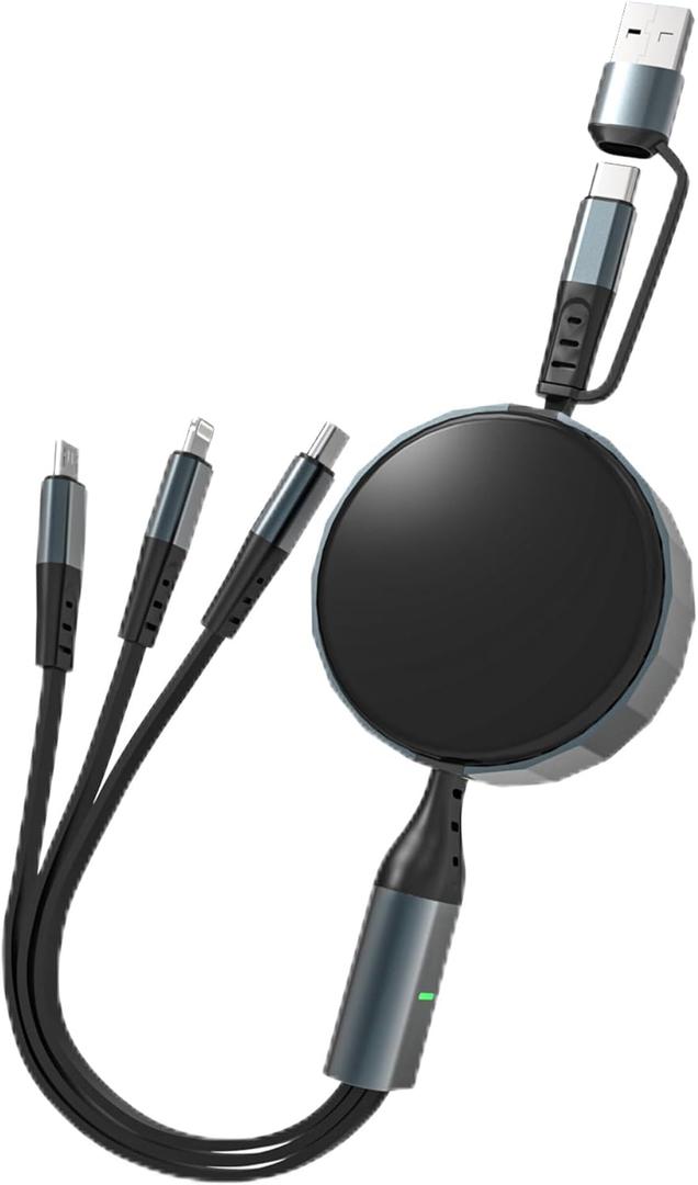 100W Retractable Multi Charging Cable 6A 3in2 MFi Certified iPhone 15 16 Car Charger Cord Retractable Cell Phone Charger with Type C/Micro USB/Lightning for Galaxy iPhone Android Pad MacBook 4FT