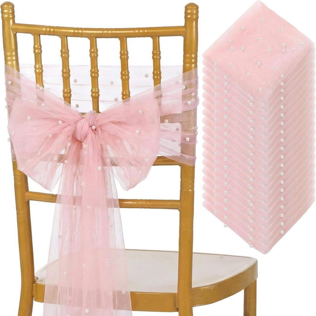 VitalCozy 50 Pcs Vintage Chair Sashes Embroidered Boho Bows Rustic Floral Chair Ties for Wedding Bridal Shower Baby Shower Birthday Party Table Decoration, 7 x 108 Inches(Pearls,Pink)