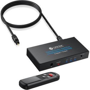 eSynic Portable Digital Optical Audio Switcher 3 In1 Out SPDIF Switcher Aluminum Alloy TOSLINK Audio Switch with 3.28ft Optical Cable Support IR Remote Control from PS4 Blue-Ray DVD HDTV to Soundbar