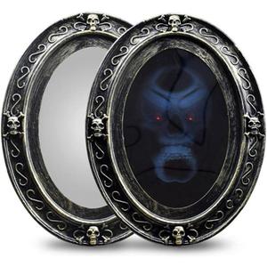 1pc Halloween Scary Picture Frame Portrait Mirror Black Oval Mirror Speaking Haunted House Motion Activated Mirror