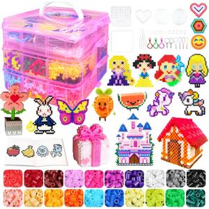 Fuse Beads Kit for Kids - 11000 Fuse Beads, 20 Colors 5mm Bead Craft Set with Storage Box, Pegboards, Ironing Paper and Accessories, Arts and Crafts Set Toys Gifts for Girls & Boys Birthday Christmas (Pink)