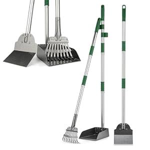 FUSBUNTY Pooper Scooper, Long Handle Dog Pooper Scooper, Heavy Duty Stainless Steel Rake with Tray & Spade Set for Pet Waste Removal, for Grass, Dirt or Gravel - Green