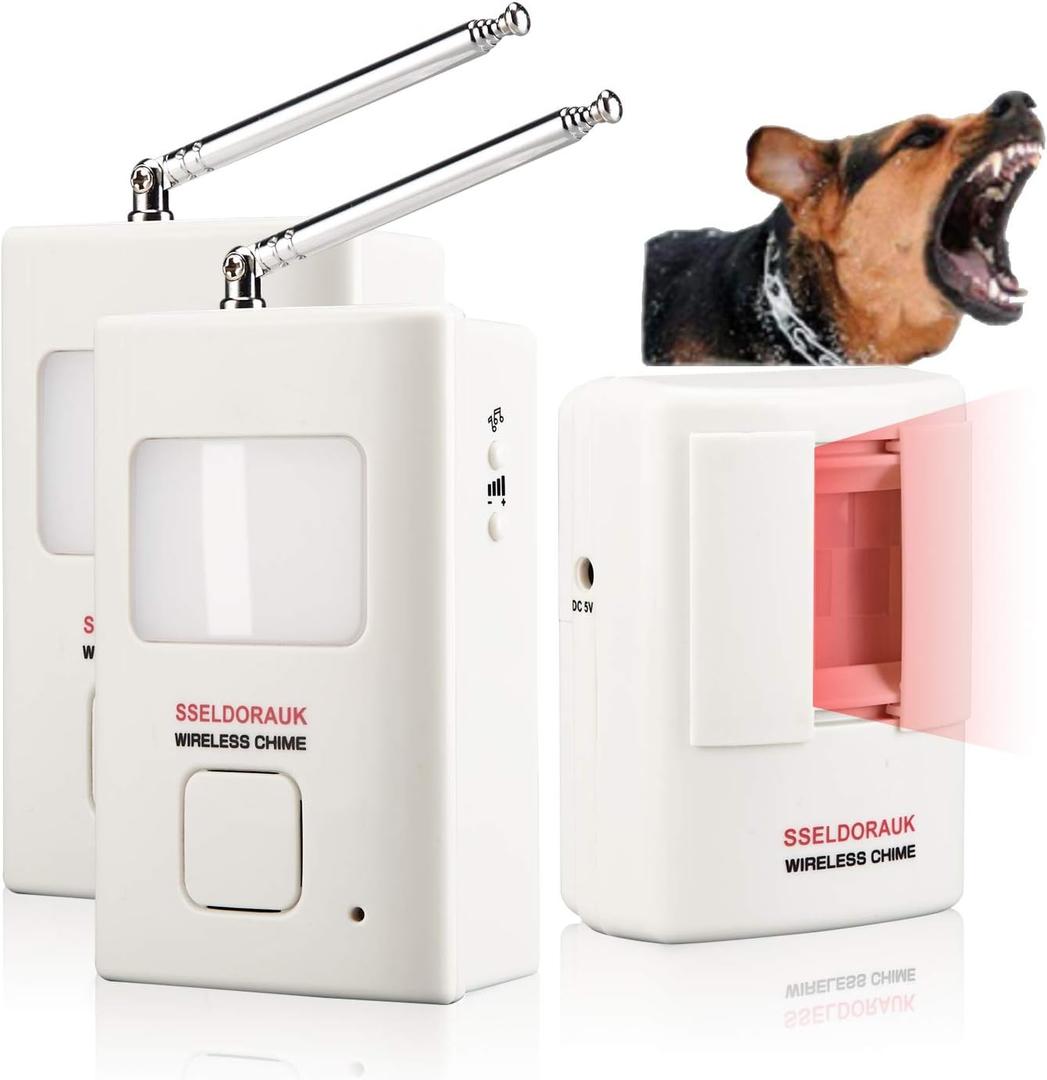 Dog Barking Alarm Motion Detector,Pir Wireless Human Body Walking Sensor Doorbell Door Security Alert System Device for Home or Office Burglar Deterrent (1Sensor + 2Receivers, White)