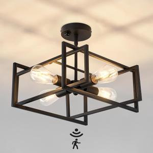 ZGLAOJT Motion Sensor Ceiling Light Fixture 4Lights Semi Flush Mount Ceiling Light Black Industrial Indoor Chandelier for Kitchen Living Room Bedroom Farmhouse Hallway Foyer
