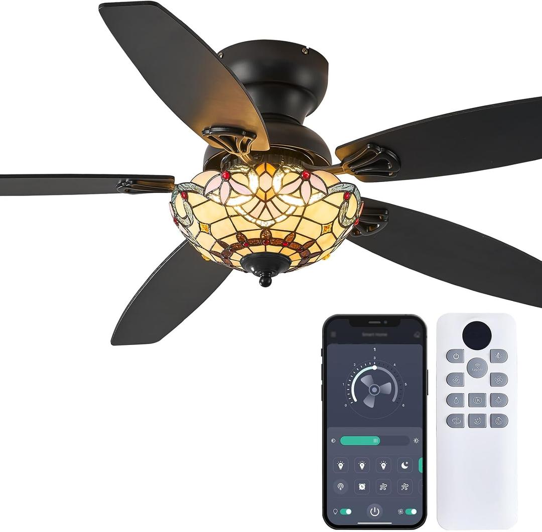 Tiffany Ceiling Fans with Lights - 52" Ceiling Fan Chandelier with 5 Dual-Blades and Glass Shade, 6 Speeds and Reversible, Indoor and Outdoor, Retro Style