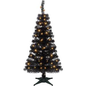 Juegoal Lighted Artificial Halloween Black Christmas Tree, 4FT Black Tinsel Pine Tree with 70 LED Purple Lights, 8 Modes & Timer for Home Party Decorations