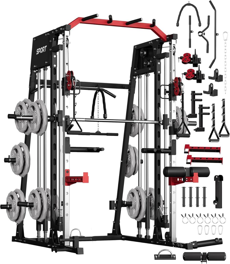 GarveeLife Smith Machine Home Gym All in One, 2200LBS Squat Rack Power Cage with Smith Bar, LAT Pull-Down, Cable Systems, Leg Hold-Down and More Attachments, Workout Equipment (Red Black)