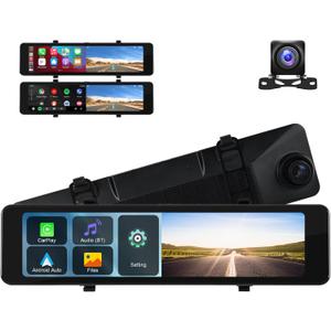 11.26 Inch 4K Mirror Dash Cam Backup camera with Wireless CarPlay Android Auto Front and Rear View Dual Cameras Night Vision Voice Control Bluetooth AUX Parking Monitor ADAS Loop Record for Cars Tucks
