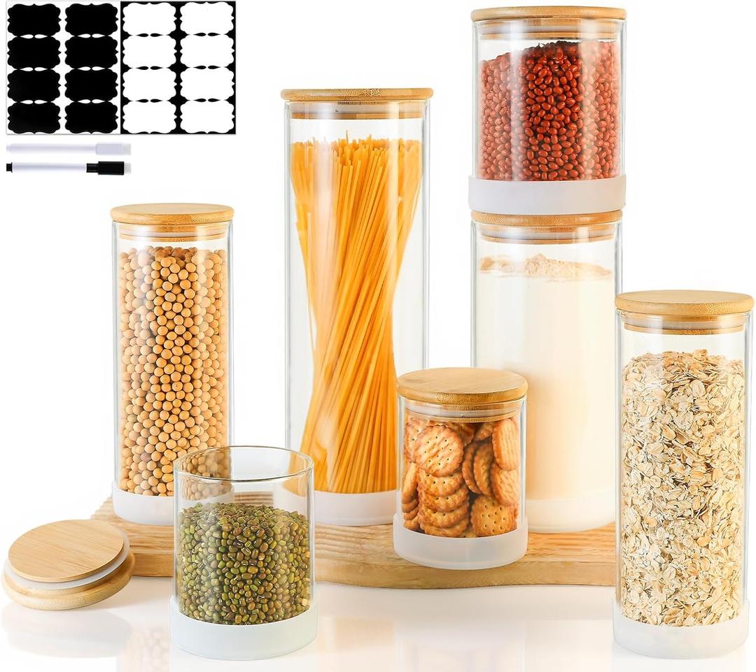TBWIND Glass Storage Containers with Bamboo Lids 7 Pack Airtight Clear Glass Jars in Mixed Sizes (17oz/25oz/34oz/53oz/73oz) for Pantry Organization, Kitchen Dry Food, Coffee, Flour, Pasta & Snacks