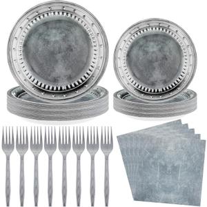 144 Pcs Medieval Pirate Party Supplies - Disposable Paper Pewter-style Tableware Set for Castle Knight Birthday Party Decor, Includes Plates, Napkins, and Forks