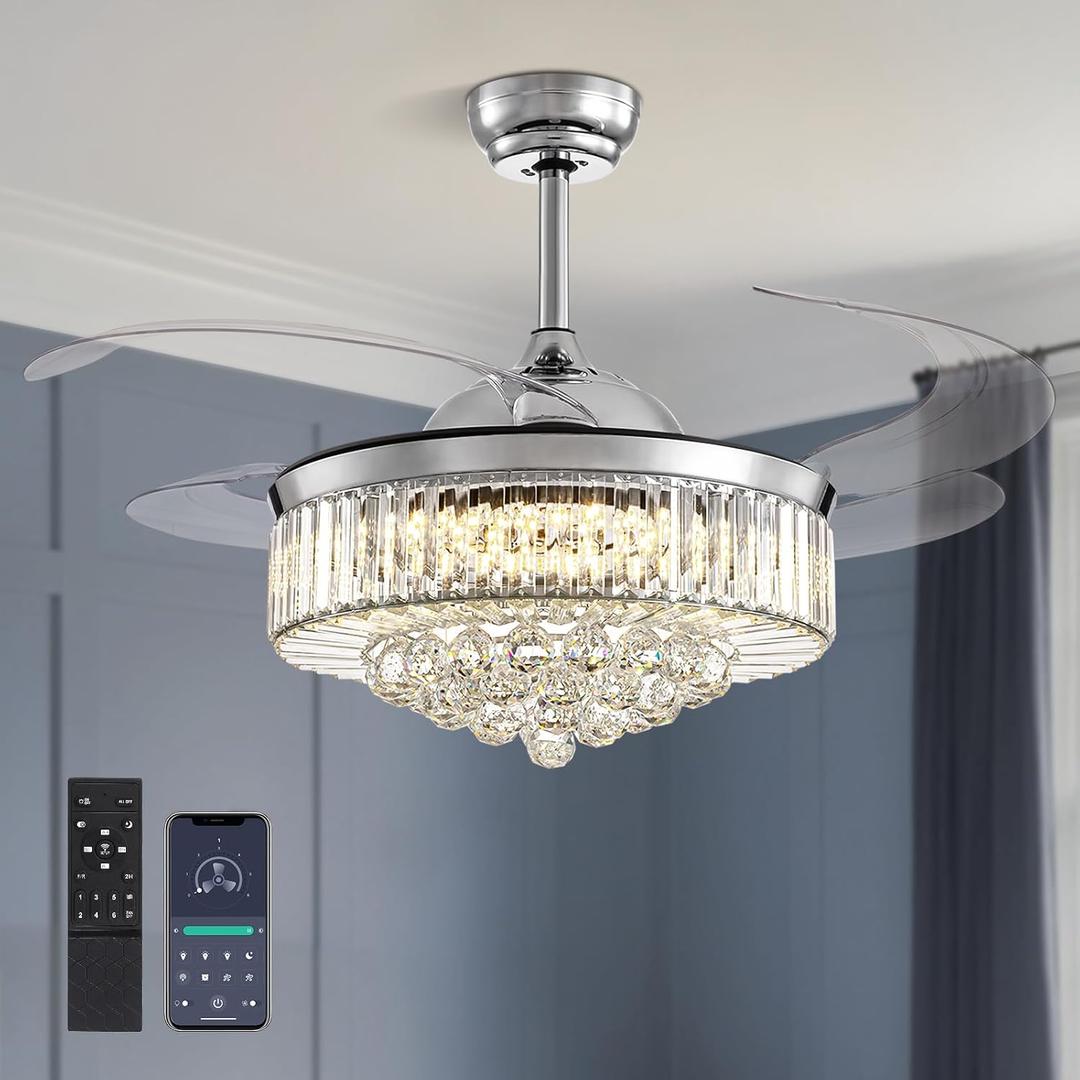 Modern 48 Inch Dimmable Crystal Fandelier, Retractable Blades Ceiling Fans with Light and Remote, Invisible LED Ceiling Fan Light Kit for Bedroom-Polished Chrome