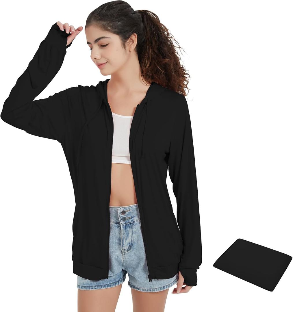 QBK Light Weight Zip Up Hoodie Thin Summer Jacket For Women (X-Large, Black)