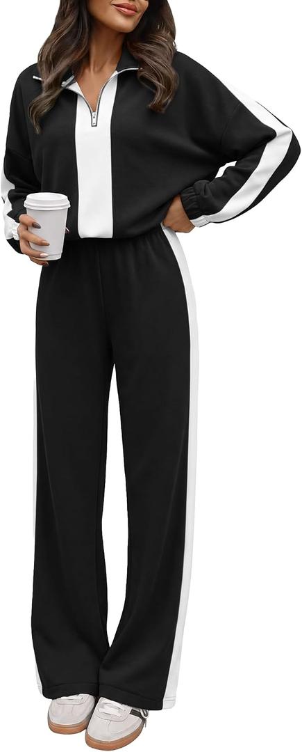 ANRABESS Women's 2 Piece Lounge Set Color Block Tracksuit Sweatsuit, Black, S 