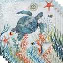 Coastal Turtle Cloth Napkins Set of 4, Ocean Coral Seaweed Reusable Dinner Napkins Cloth Summer Nautical Washable Dinner Towel for Wedding Party Kitchen Table Decoration, 20x20 Inch (Light Blue Red)