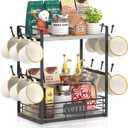 EsLuker.ly Coffee Mug Cup Holder Stand Bar Station Organizer for Countertop, Multi-Functional 2 Tier Mug Tree Rack for Kitchen, Storage Shelf with 12 Hooks, Light Grey-Black(Patented Design)