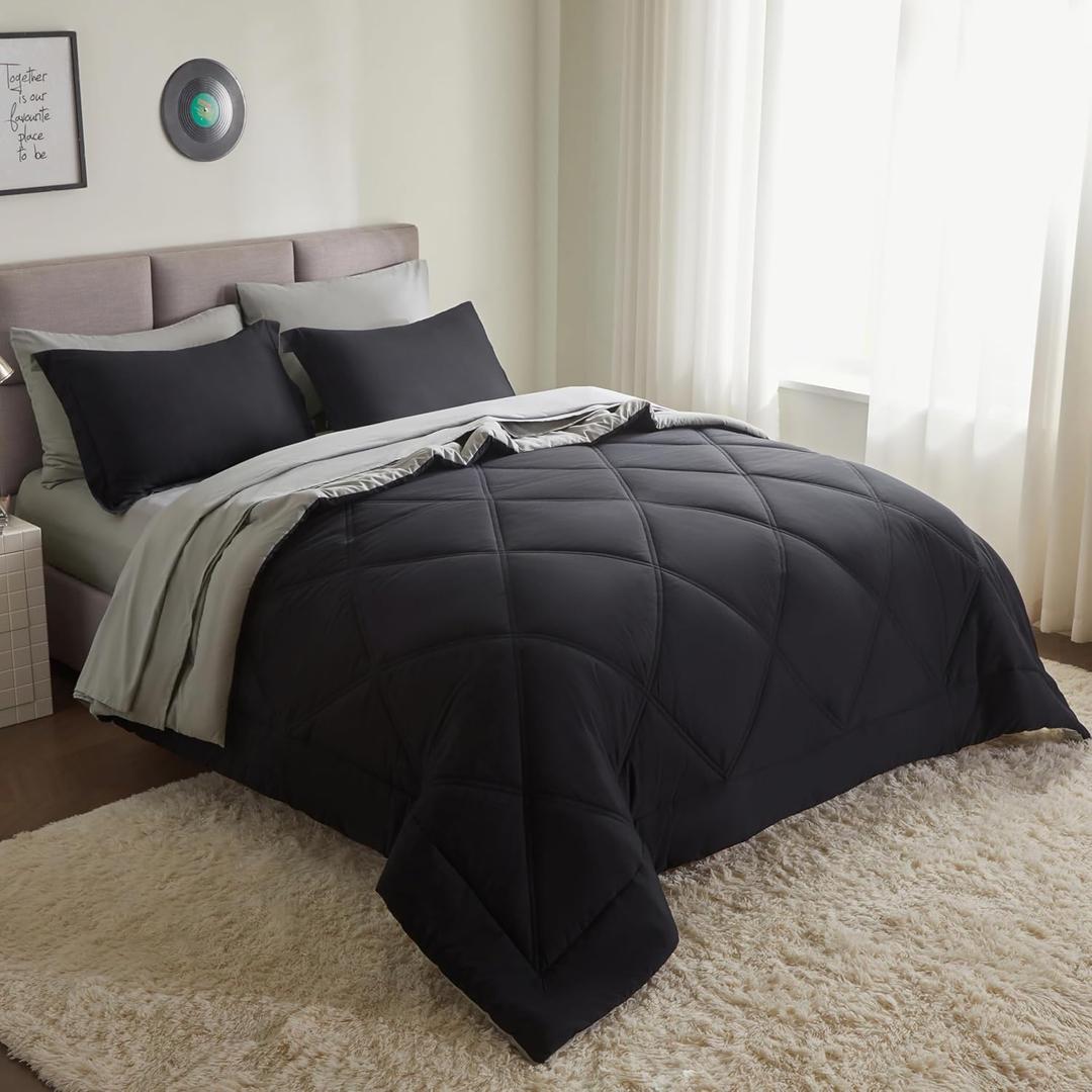 Joiedomi Full Size Comforter Set with Sheets Black, 7 Pieces Full Size Bed Set with 1 Down Alternative Comforter, 1 Flat Sheet, 1 Fitted Sheet, 2 Pillowcases and 2 Pillow Shams, Bed in a Bag
