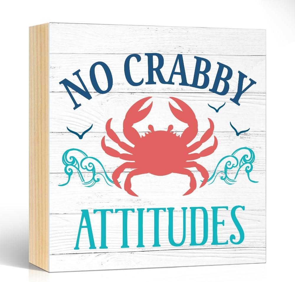 No Crabby Attitudes Wooden Box Sign, Inspirational Phrase Decorative Plaque for Home Kitchen Bathroom Bar Caf, Beach Theme Desk Plaque, Housewarming Gifts for Friend Coworker (White 2)