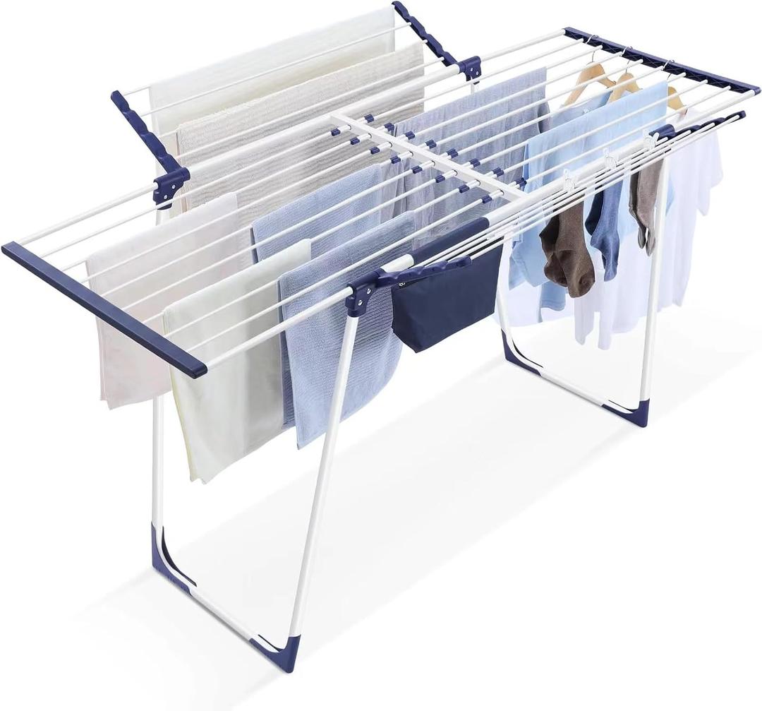 APEXCHASER Clothes Drying Rack - Foldable Laundry Rack Indoor Outdoor, Gullwing Drying Rack Clothing with 10pcs Clips + Bag, Collapsible Space-Saving Clothes Rack for Drying Towels Dolls, White, Medium