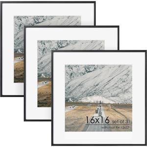 FLYJOE 16x16 Metal Square Picture Frame For Wall With Mat For 12x12, 16''x16'' Aluminum Photo Frames With Tempered Glass, Minimalist Modern Poster Frame Horizontally Vertically Set of 3, Black, 16''x16''-3P Real Glass
