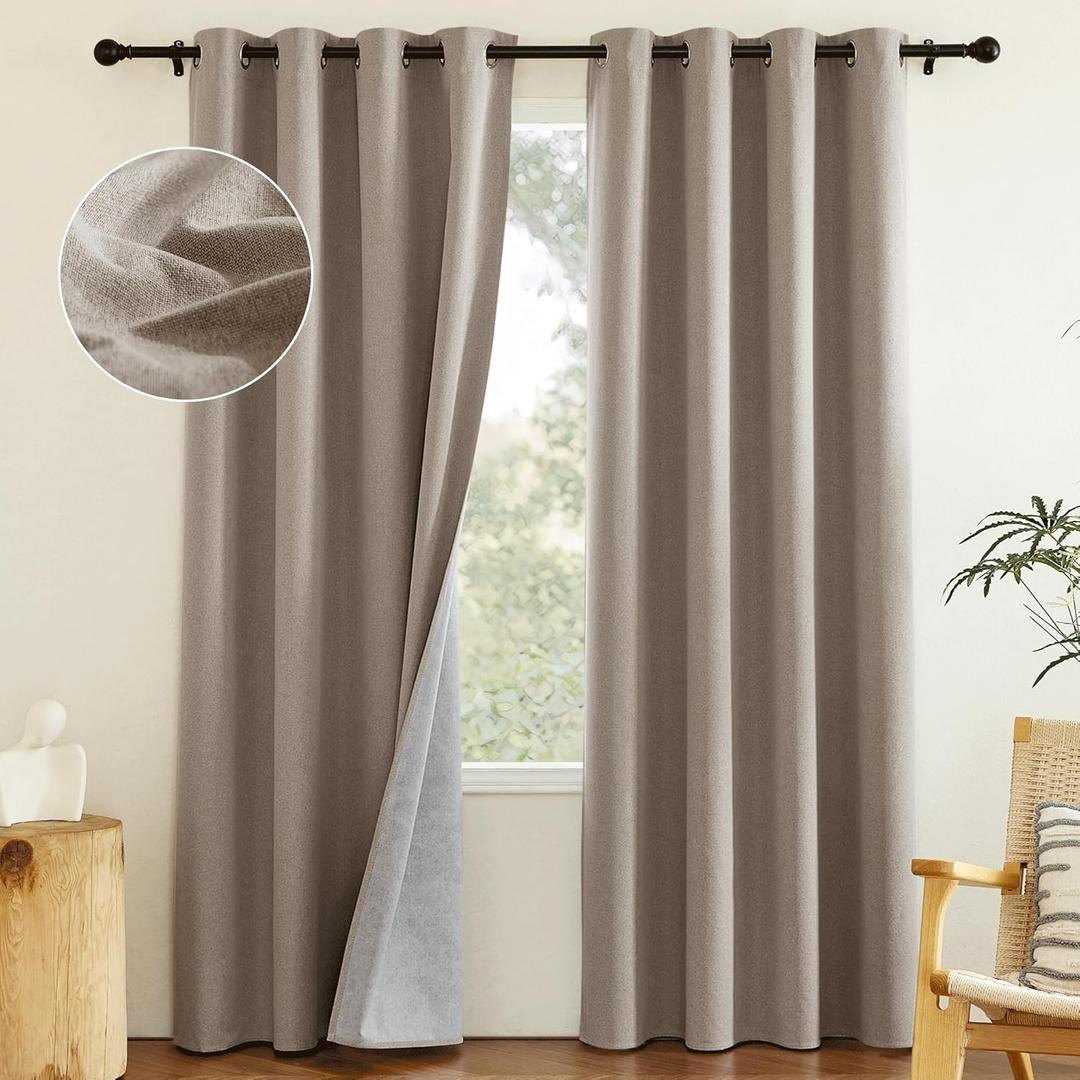 NICETOWN Bedroom Curtains, Vintage Open Faux Linen Weave Flax Thermal 100% Blackout Drapes 84" Long for Living Room, Soundproof Window Treatment Drapes for Hall Room, 52" Wide Per Panel, Set of 2