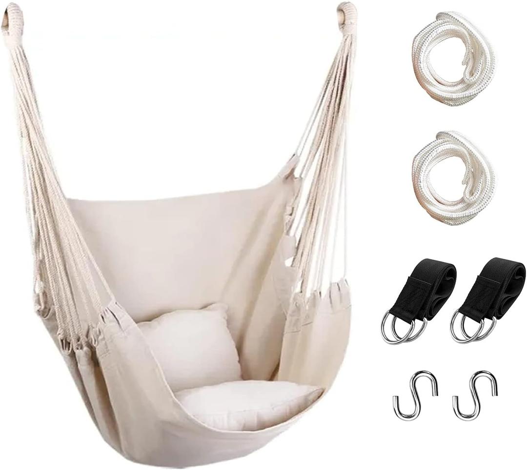 Hommtina Hammock Chair Hanging Rope Swing, Max 300 Lbs Hanging Chair with Pocket & Durability Perfect for Outdoor, Home, Bedroom, Patio, Yard (Pillows NOT Included, Beige)
