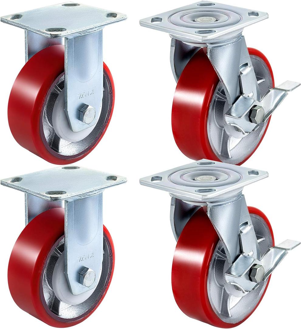 VEVOR Caster Wheels Set of 4, 6" Heavy Duty Casters (2 Rigid and 2 Swivel Casters with Side Brake) Polyurethane Iron Core Plate 4000LBS Capacity