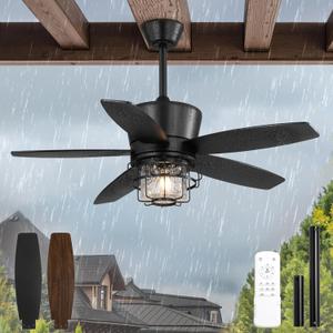 42" Outdoor Ceiling Fans with Lights and Remote Control,IP65 Wet Rated Waterproof Ceiling Fan with 6-Speed DC Motor, Farmhouse Gazebo Fan for Porch Patios PavilionBlack