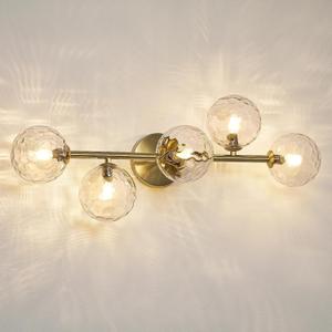 5 Lights Bathroom Vanity Light,Brushed Gold Globe Bathroom Light Fixtures | Hammered Clear Glass Wall Sconce Lighting,Mid Century Modern Brass Bubble Glass Bathroom Vanity Lights over Mirror,G9 Base