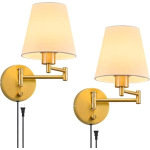 VONLUCE Wall Sconce Set of 2, Plug in & Hardwired Swing Arm Wall Lamps, Adjustable Wall Mounted Lighting Fixtures, Modern Wall Lights with Golden Base White Fabric Shade for Bedside, Hallway, Study