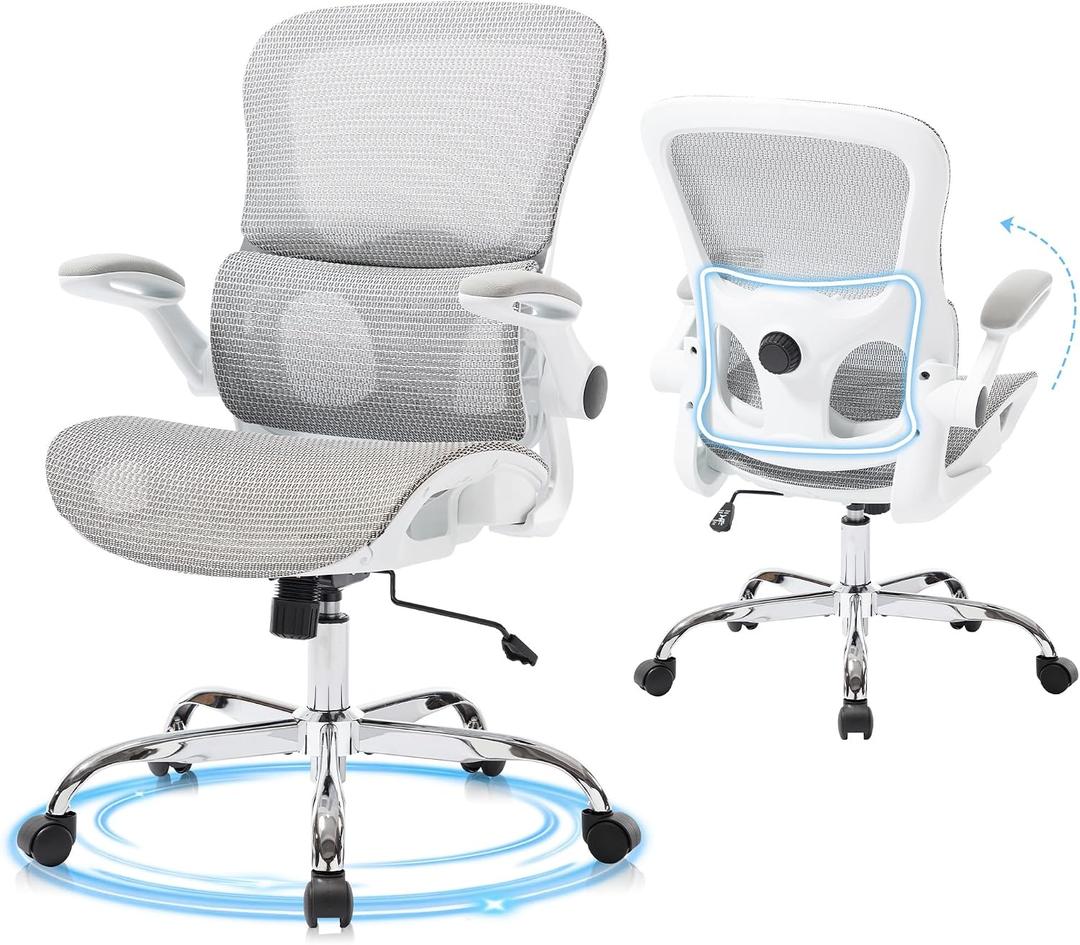 Office Chair, Ergonomic Desk Chair with Adjustable High Back 2D Lumbar Support Flip-up Armrests, Executive Breathable Mesh Comfy Swivel Rolling Computer Task Chair for Home Office Study Work Gaming