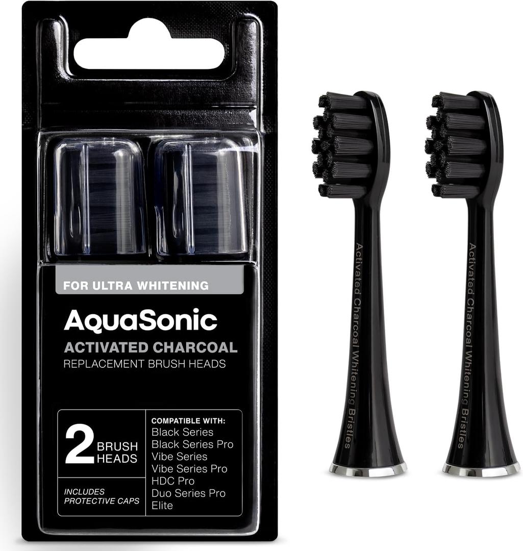 AquaSonic Genuine 2-Pack Activated Charcoal Brush Heads - Ultra Whitening Brush Heads - 2X Whitening & Stain Remover - for Black Series & Pro, Vibe Series, Duo Pro Series (Black)