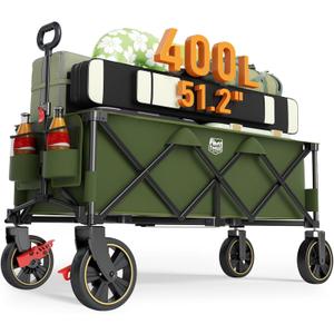 Timber Ridge 51.2'' Extended Collapsible Wagon Cart with Brakes and Cargo Net, Heavy Duty Foldable Utility Wagon with Adjustable Handle, 400L Capacity Portable Cart for Camping Sports Shopping