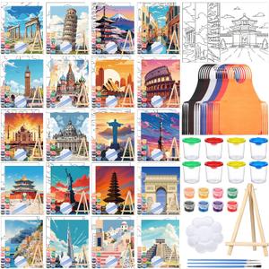 Sherr 140 Pcs 20 Set Pre Drawn Canvas Kit for Painting Craft Sip and Paint Kit for Adults Pre Printed Canvas Painting Favor for Virtual DIY Birthday Gifts Adult's Date Party(Landmarks)