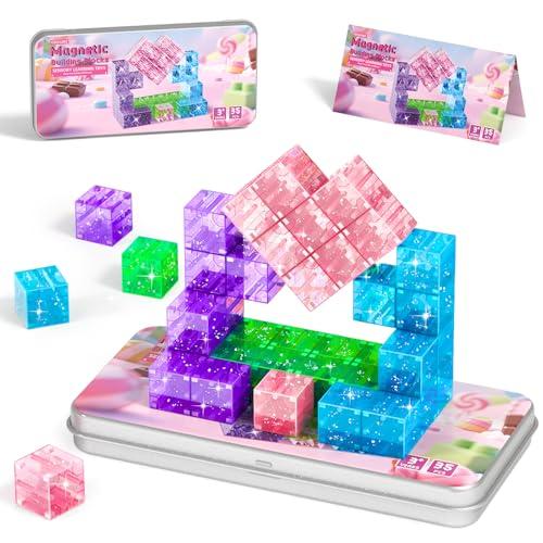CZCUUDZ Magnetic Blocks Travel, 35PCS Mini Magnetic Blocks for Toddlers, STEM Building Cubes with Portable Iron Box, Magnetic Building Blocks for Kid Ages 3 4 5 6 7 8 Christmas Birthday Gifts, Glitter