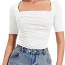 Amoretu Women's 2025 Ruched 1/2 Sleeve T-Shirts Square Neck Fitted Going Out Tops (White, XL)