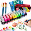 60 Color Fabric Paint Set 3D Puffy Permanent Textile Paint for T-Shirts, Jeans & Crafts with 10 Brushes, Palette and 3 Stencils