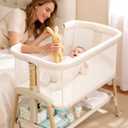 3 in 1 Baby Bassinet with Wheels, Bedside Bassinet Sleeper for Newborn, Portable Baby Crib with 7 Adjustable Height & Large Storage Basket & Full-Mesh, Easy Folding Baby Bed for Infant (Beige), Twin
